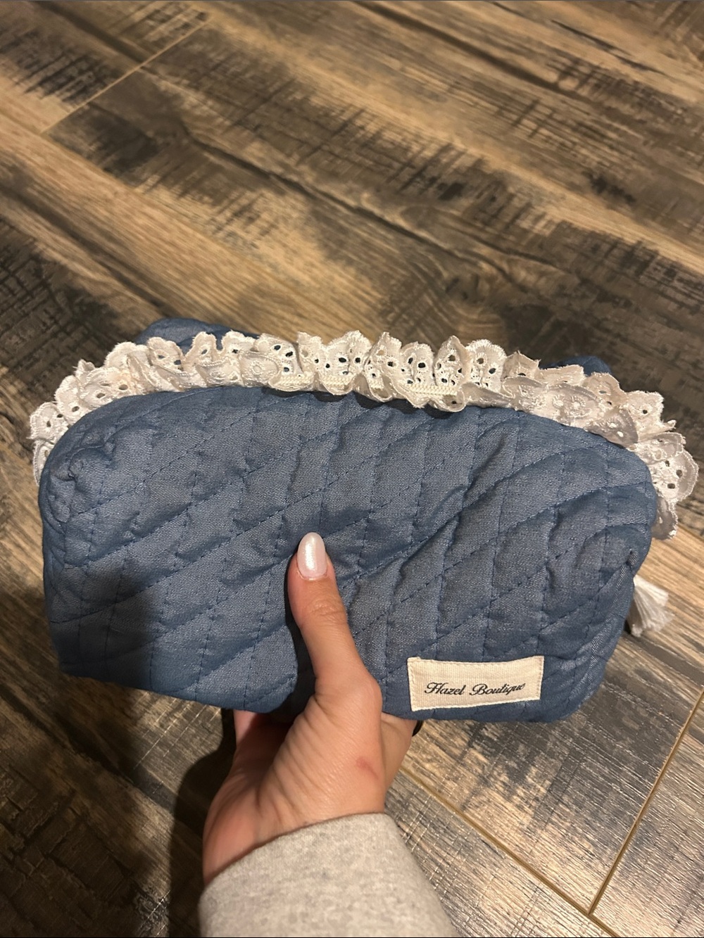Handmade Quilted Blue Cosmetic Bag with Lace Trim